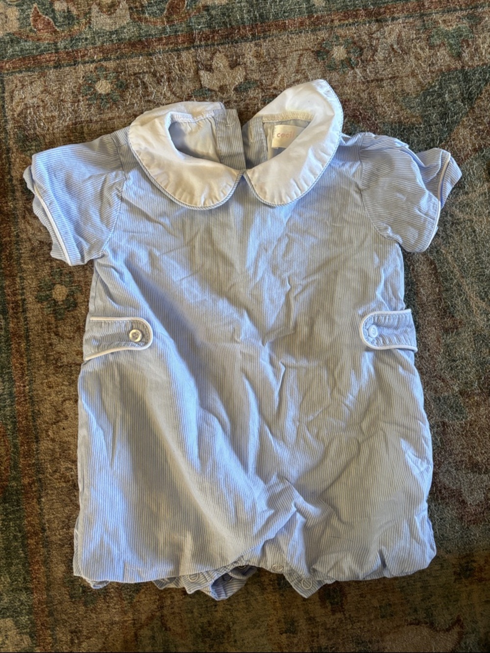 Classic Blue Striped Peter Pan Collar Baby Romper - Brand: Cecil and Lou